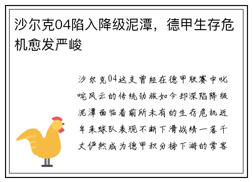沙尔克04陷入降级泥潭，德甲生存危机愈发严峻